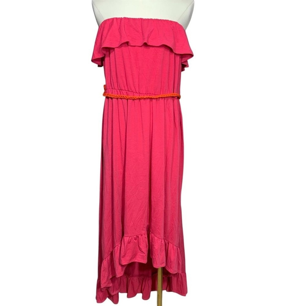 She's Cool Strapless High Low Maxi Dress Womens 1X Pink Ruffle Braided Belt